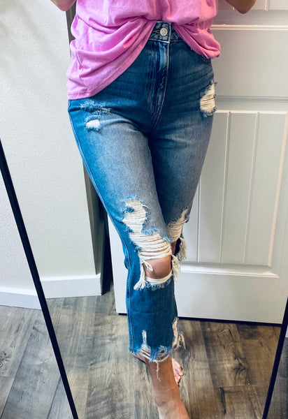 Midwash Tattered Straight Cropped Denim