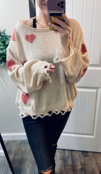 Cream Heart Distressed Sweater