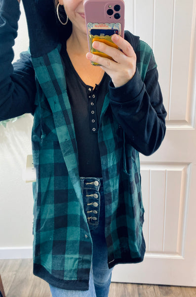 Green/Black Hooded Plaid Button-up