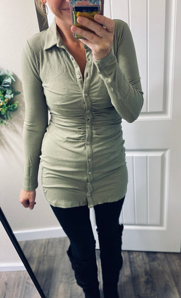 Dusty Olive Ruched Mini Dress