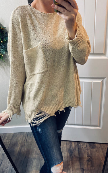 Cream Frayed Distressed Oversize Sweater