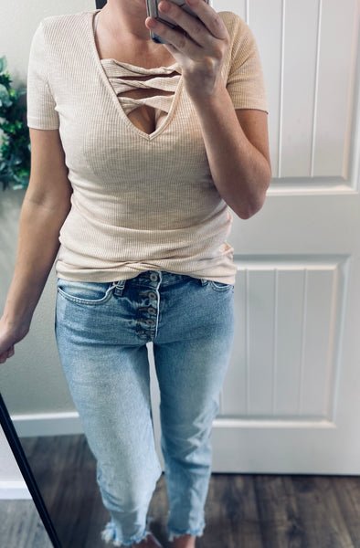 Ribbed Cross Short Sleeve Top