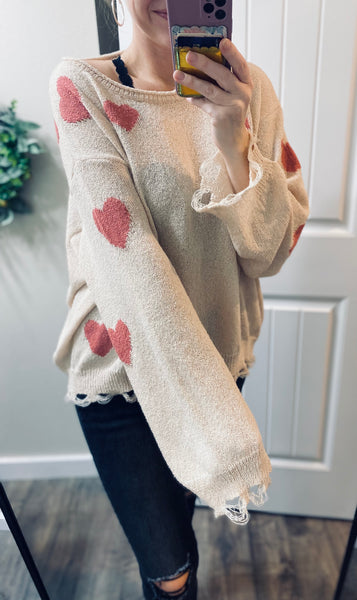 Cream Heart Distressed Sweater
