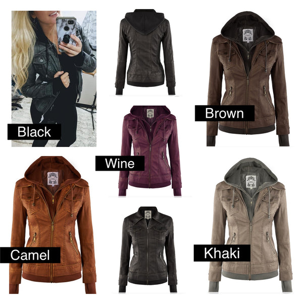 Preorder Faux Leather Jacket with Removable Hood