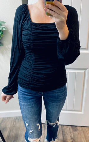 My Heart Is Yours Gathered Long Sleeve Top In Black