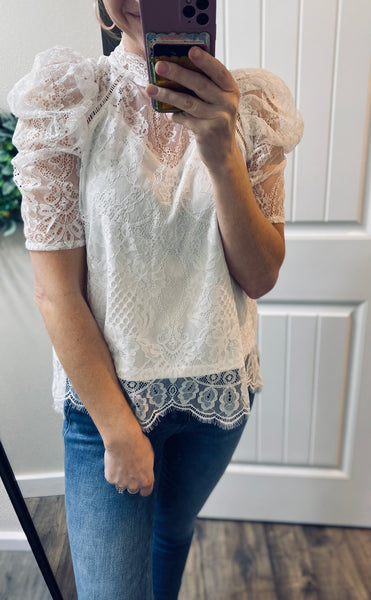 White Lace Puff Sleeve Blouse