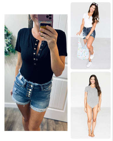 Snap Button Henley Bodysuit Short Sleeve