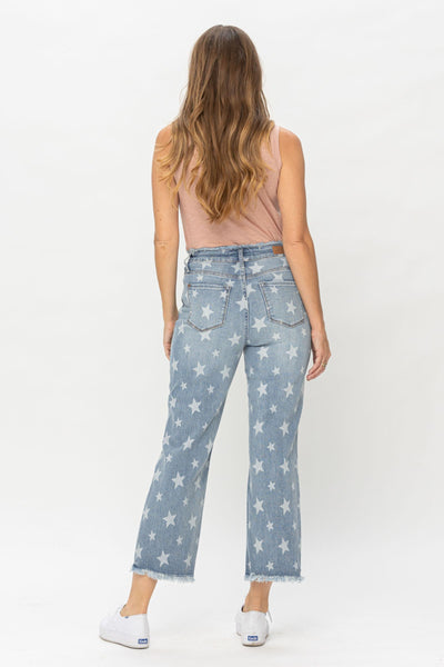 Judy Blue Frayed Star Straight Leg Cropped Denim