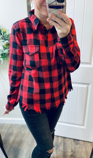 Plaid Fray Button Up