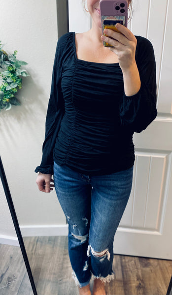 My Heart Is Yours Gathered Long Sleeve Top In Black