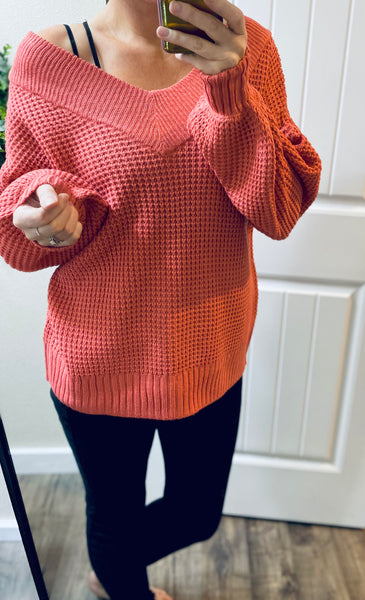 Coral Pink Waffle V on/off Shoulder Sweater
