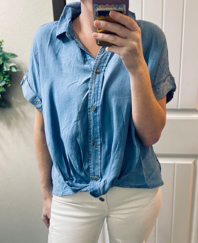 Denim Gather Button Up Top