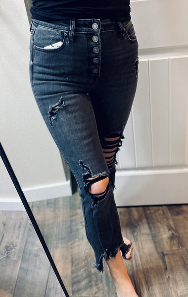 Black Wash Buttonfly Raw Hem Distressed Crop Denim