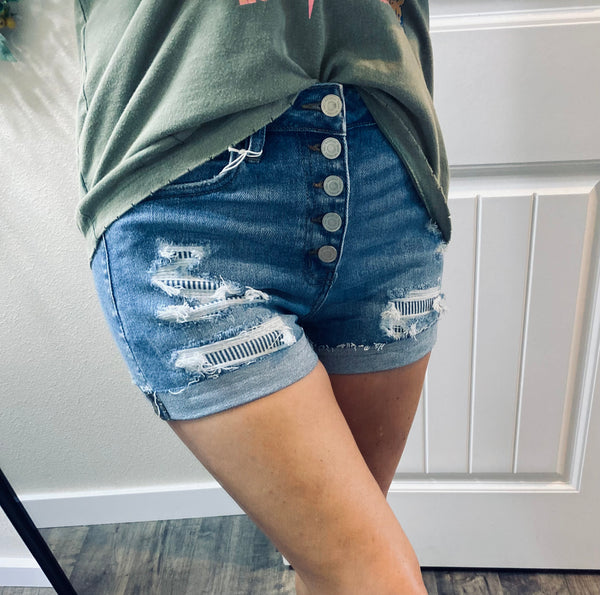 Kancan Pinstripe Distressed Buttonfly Shorts