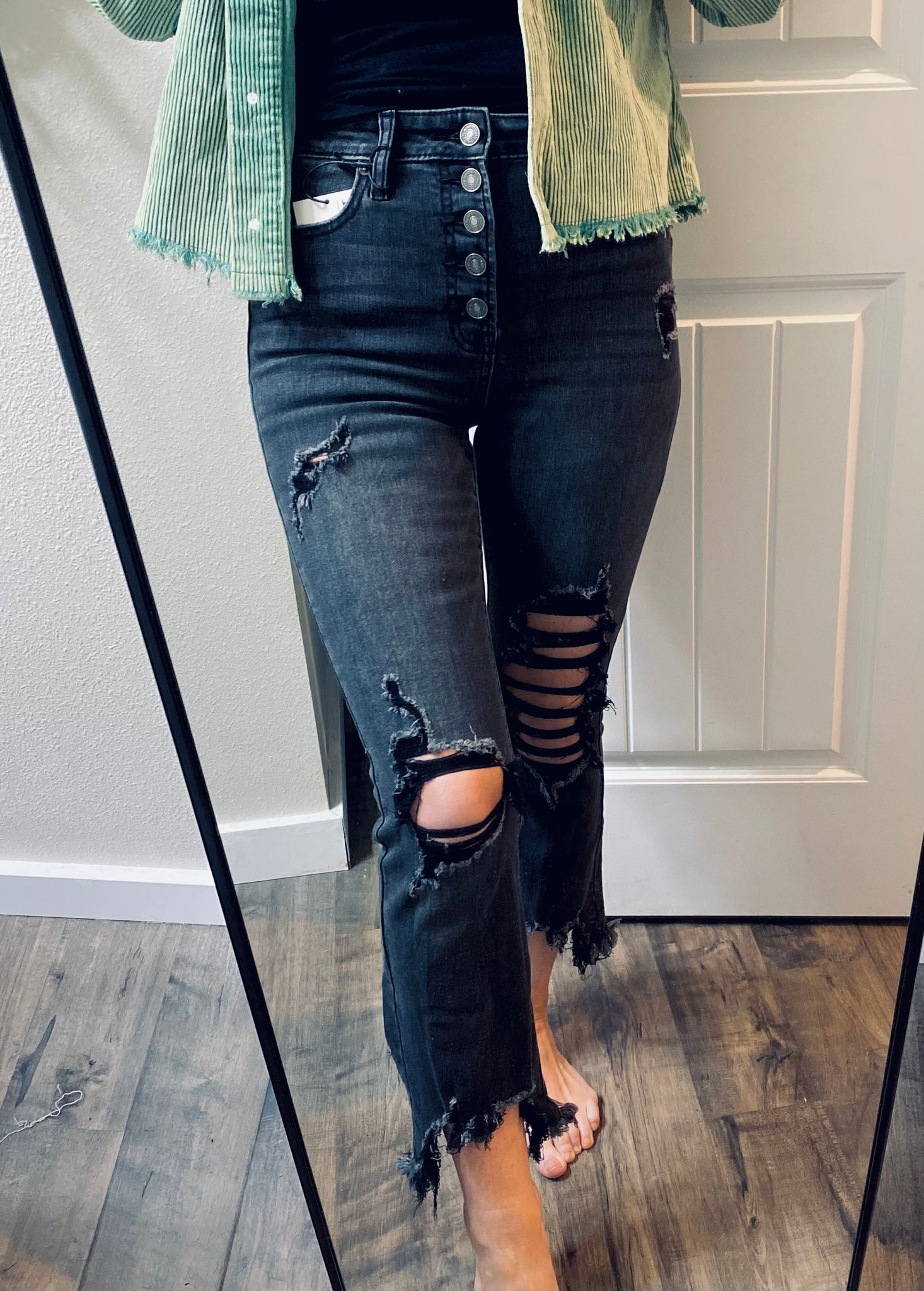 Black Wash Buttonfly Raw Hem Distressed Crop Denim