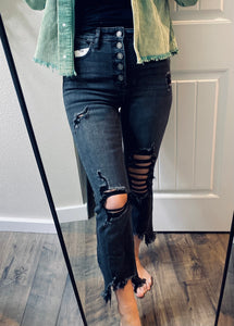 Black Wash Buttonfly Raw Hem Distressed Crop Denim