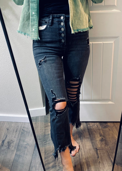 Black Wash Buttonfly Raw Hem Distressed Crop Denim