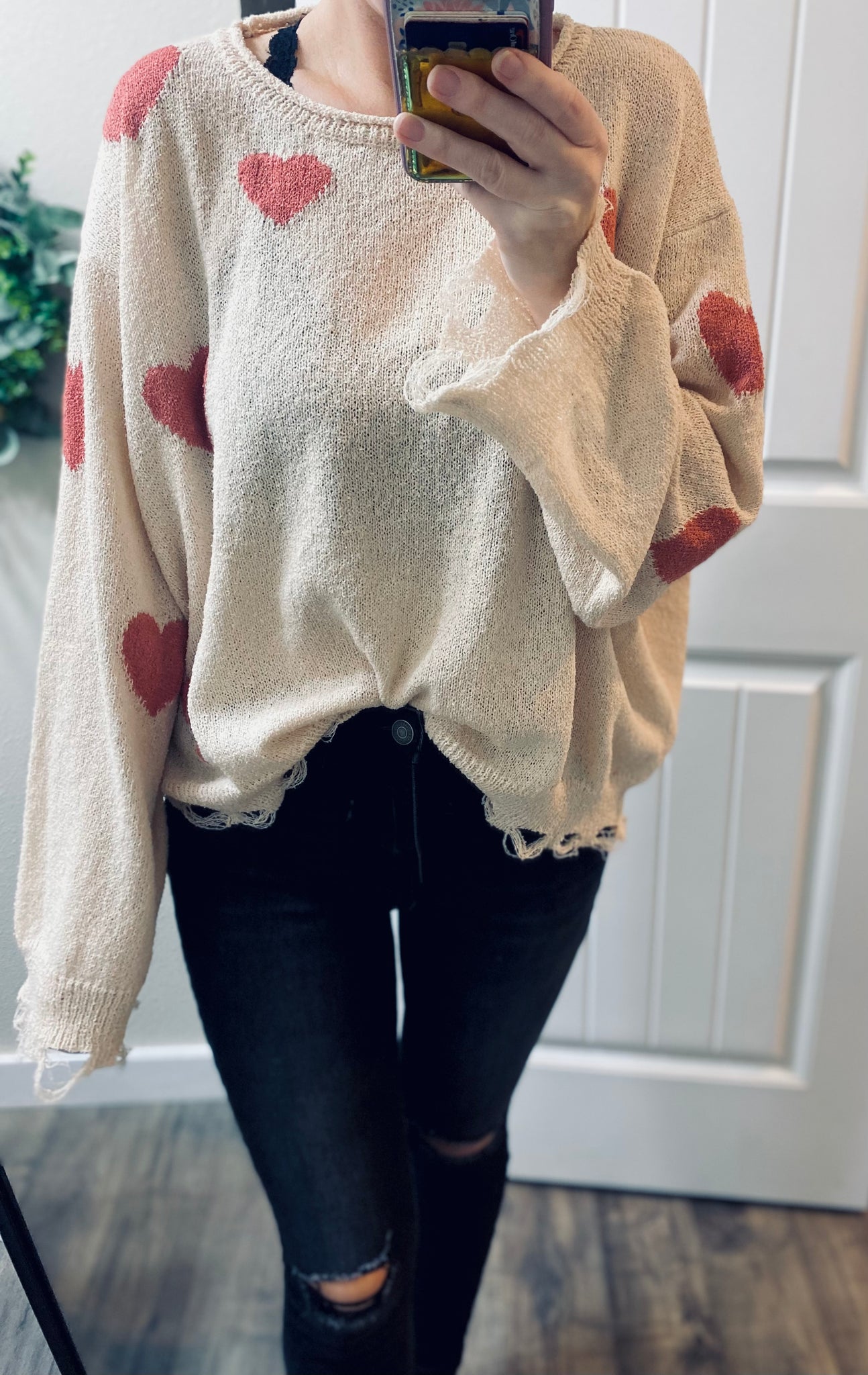 Cream Heart Distressed Sweater