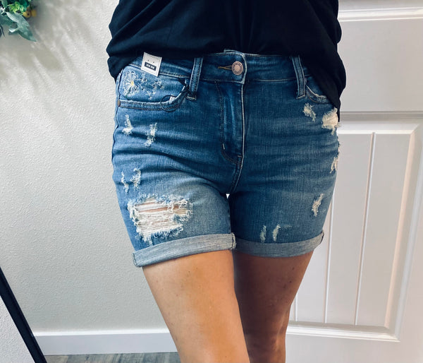 Judy Blue Dandelion Embroidery Cuffed Shorts