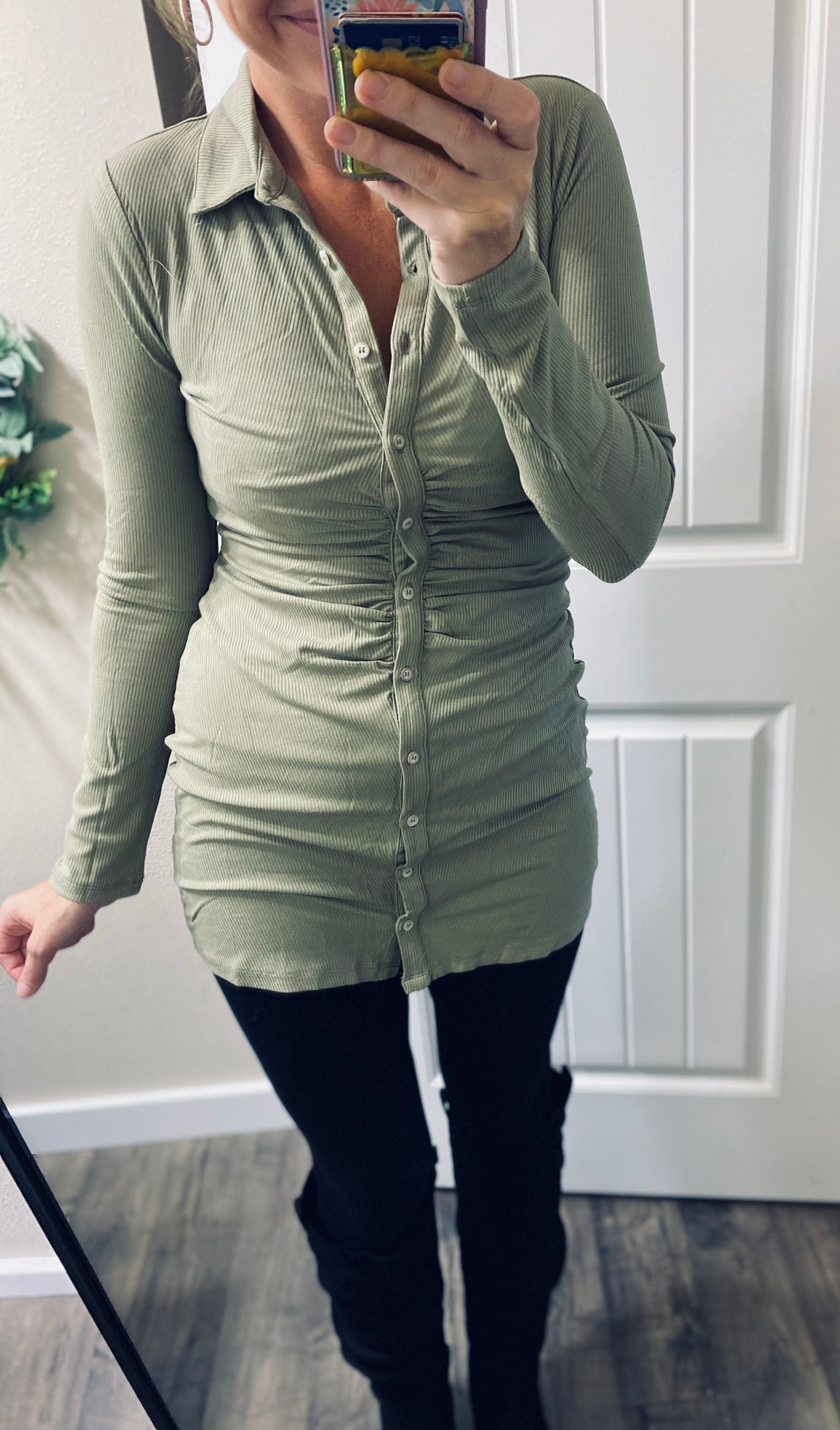 Dusty Olive Ruched Mini Dress