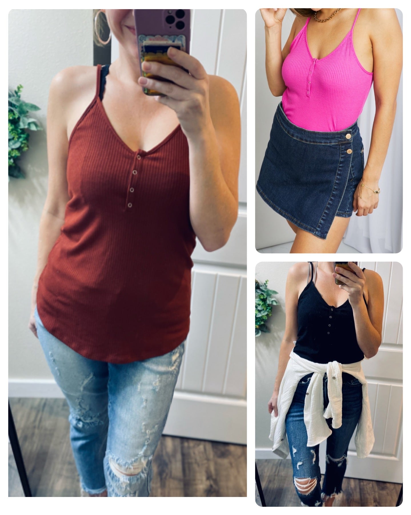 Ribbed Button Henley Cami