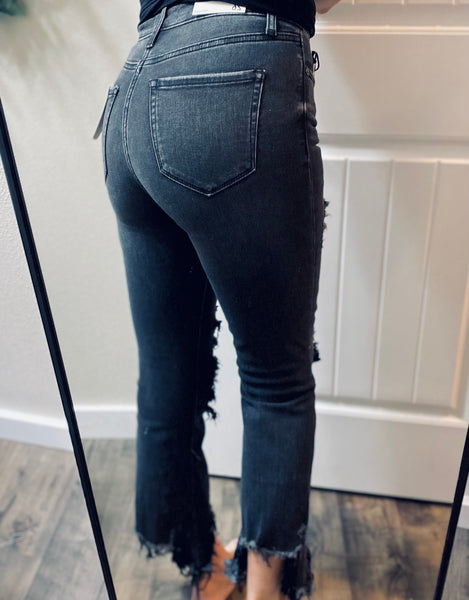 Black Wash Buttonfly Raw Hem Distressed Crop Denim