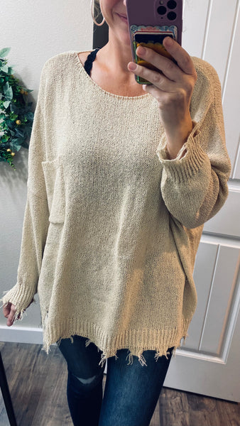 Cream Frayed Distressed Oversize Sweater