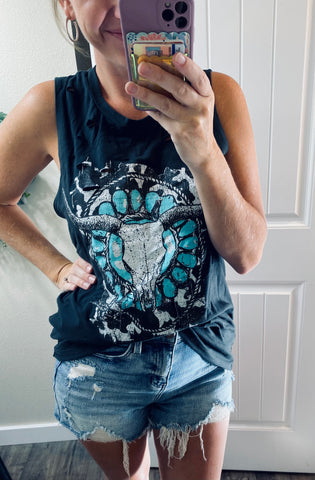 Turquoise Skull Distressed Tank