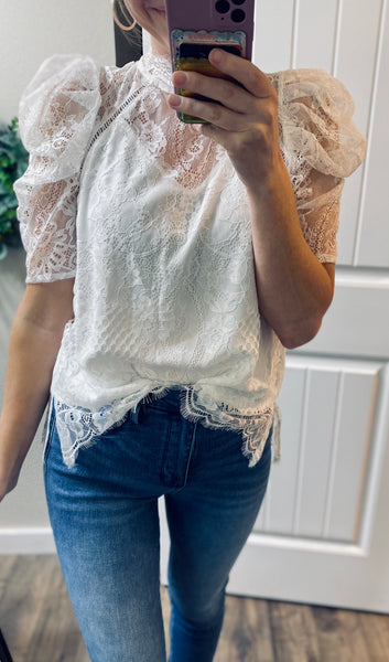White Lace Puff Sleeve Blouse