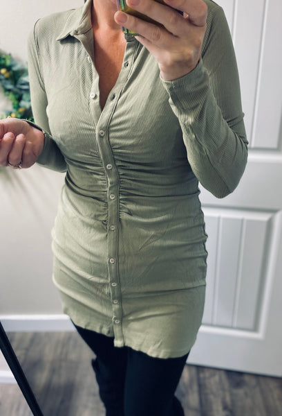 Dusty Olive Ruched Mini Dress