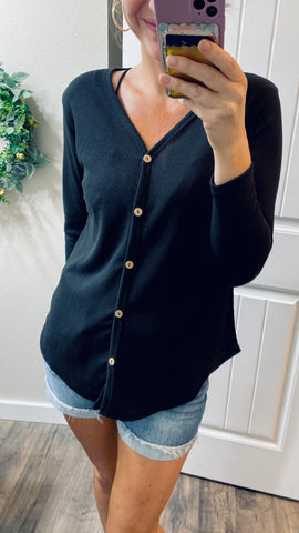 Black Waffleknit Faux Button Long Sleeve