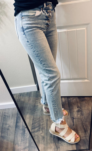 Kancan Lightwash Buttonfly Fray Hem Denim