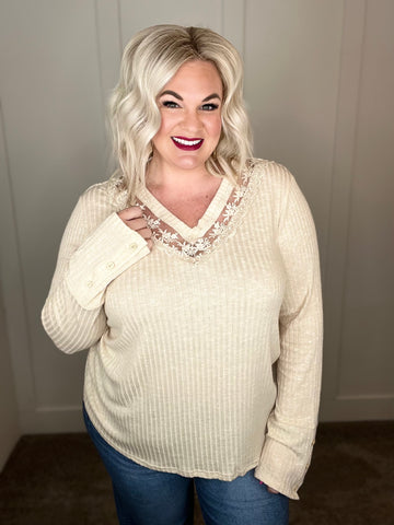 Ribbed Lace V Neck Top