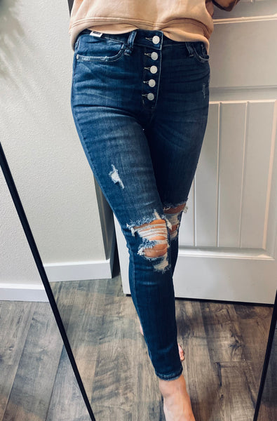 Judy Blue Darkwash Distressed Buttonfly Denim