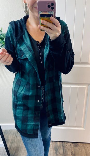Green/Black Hooded Plaid Button-up