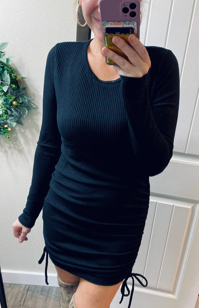 Black Ribbed Ruched Dress