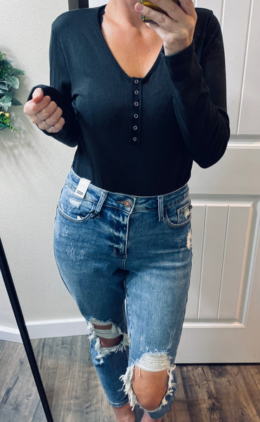 Black Wash Ribbed Henley Bodysuit