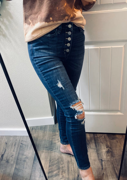 Judy Blue Darkwash Distressed Buttonfly Denim