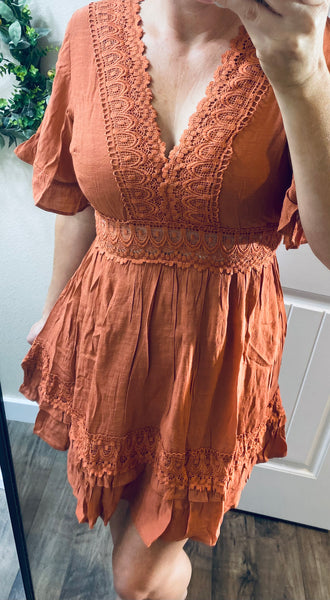 Brick Lace Trim Dress