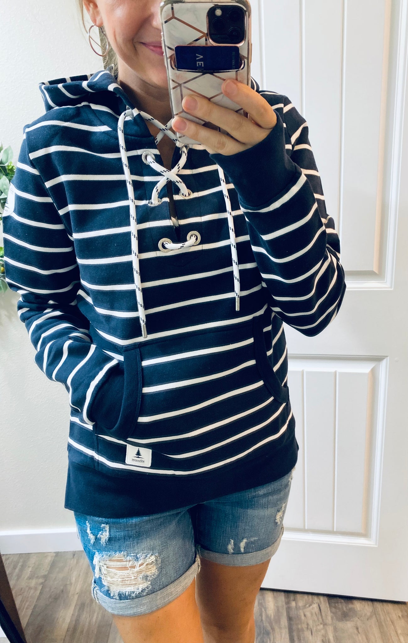 Preorder Wanakome Navy Striped Tie Up Hoodie (Included in SALE!)