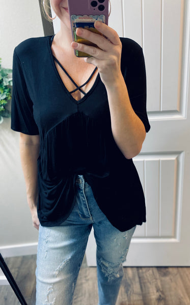 Black Cross Flowy Short Sleeve Top