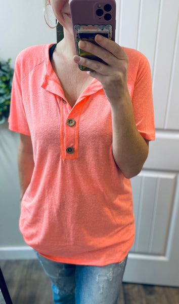 Neon Coral Button Short Sleeve