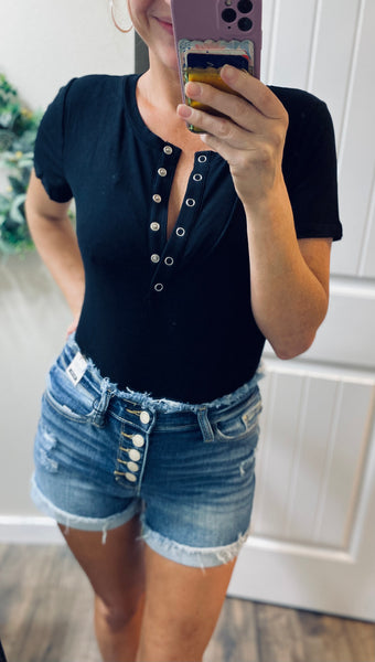 Snap Button Henley Bodysuit Short Sleeve