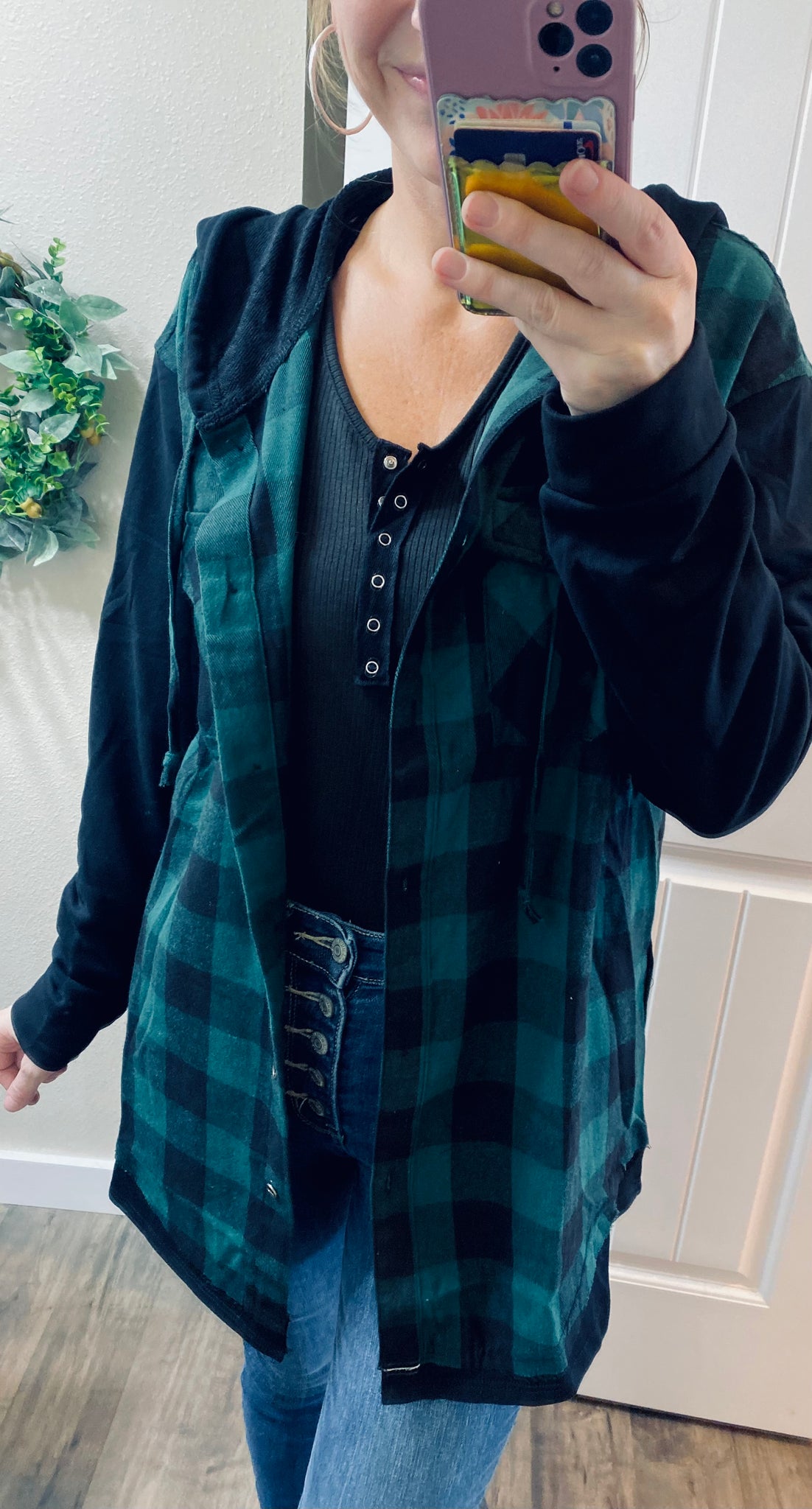 Green/Black Hooded Plaid Button-up