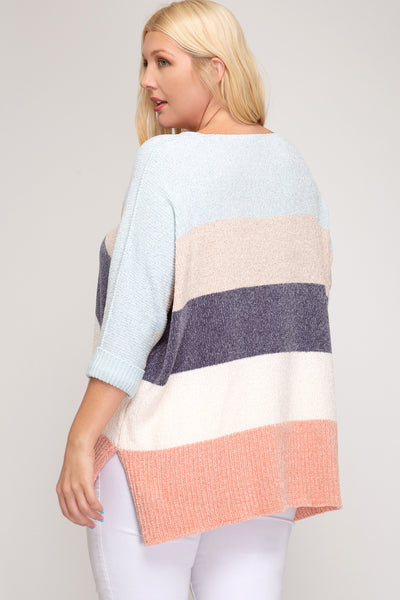 Plus Pastel Colorblock 3/4 Sleeve Sweater