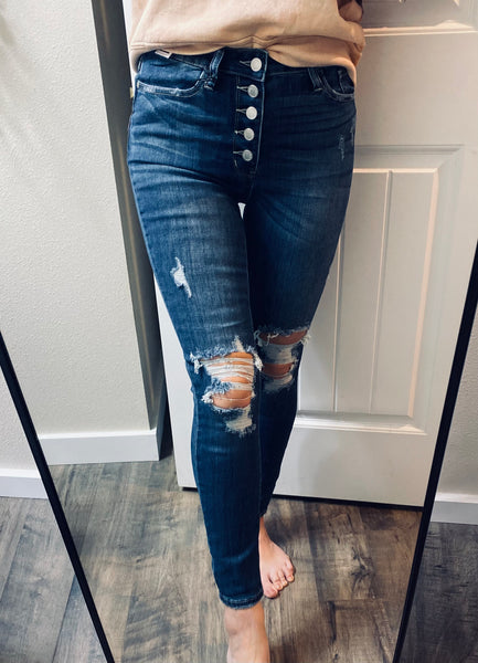 Judy Blue Darkwash Distressed Buttonfly Denim