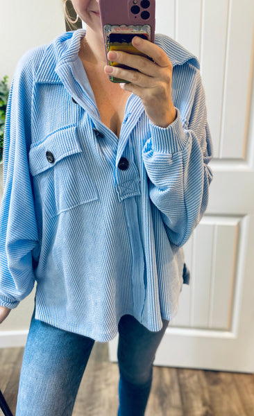 Sky Oversized Corded  Henley Pullover
