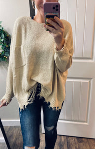 Cream Frayed Distressed Oversize Sweater