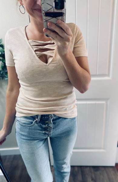 Ribbed Cross Short Sleeve Top