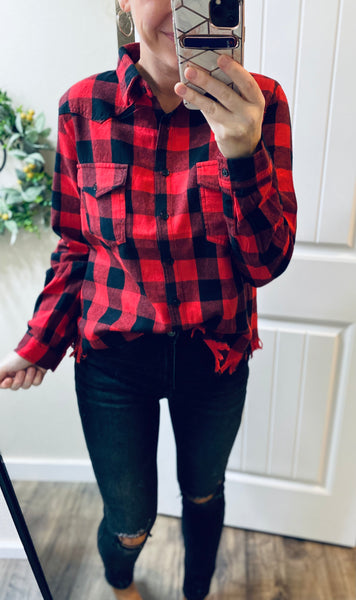 Plaid Fray Button Up